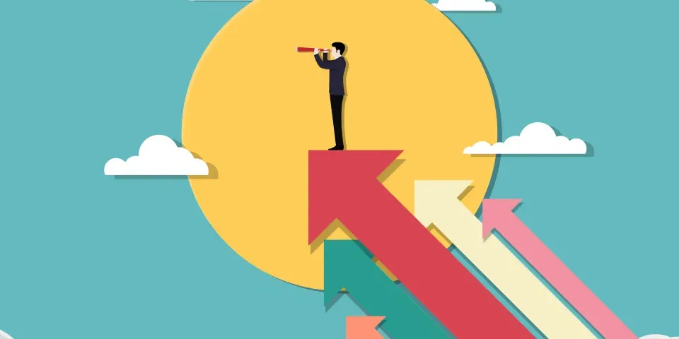 Business vision and target. Businessman holding telescope standing on arrow up go to success in career. Concept business, Achievement, Character, Leader, Vector illustration flat